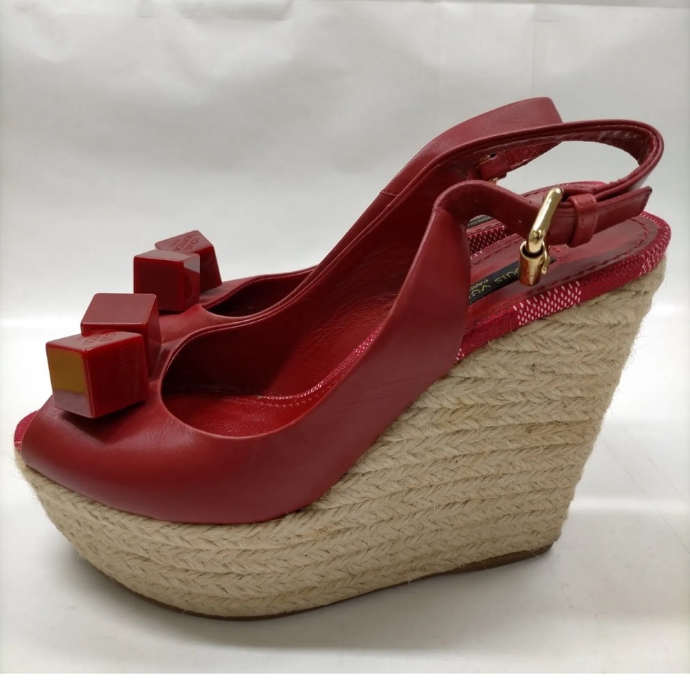 š„LOUIS VUITTON Red Leather, Espadrille & Logo "Dice" Wedge Heels š„ - Picture 7 of 16